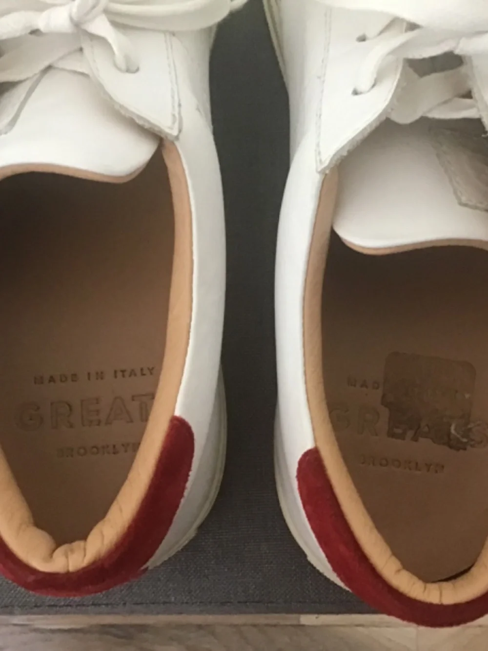 Greats Brooklyn athletic shoes white and red trim all leather made in Italy